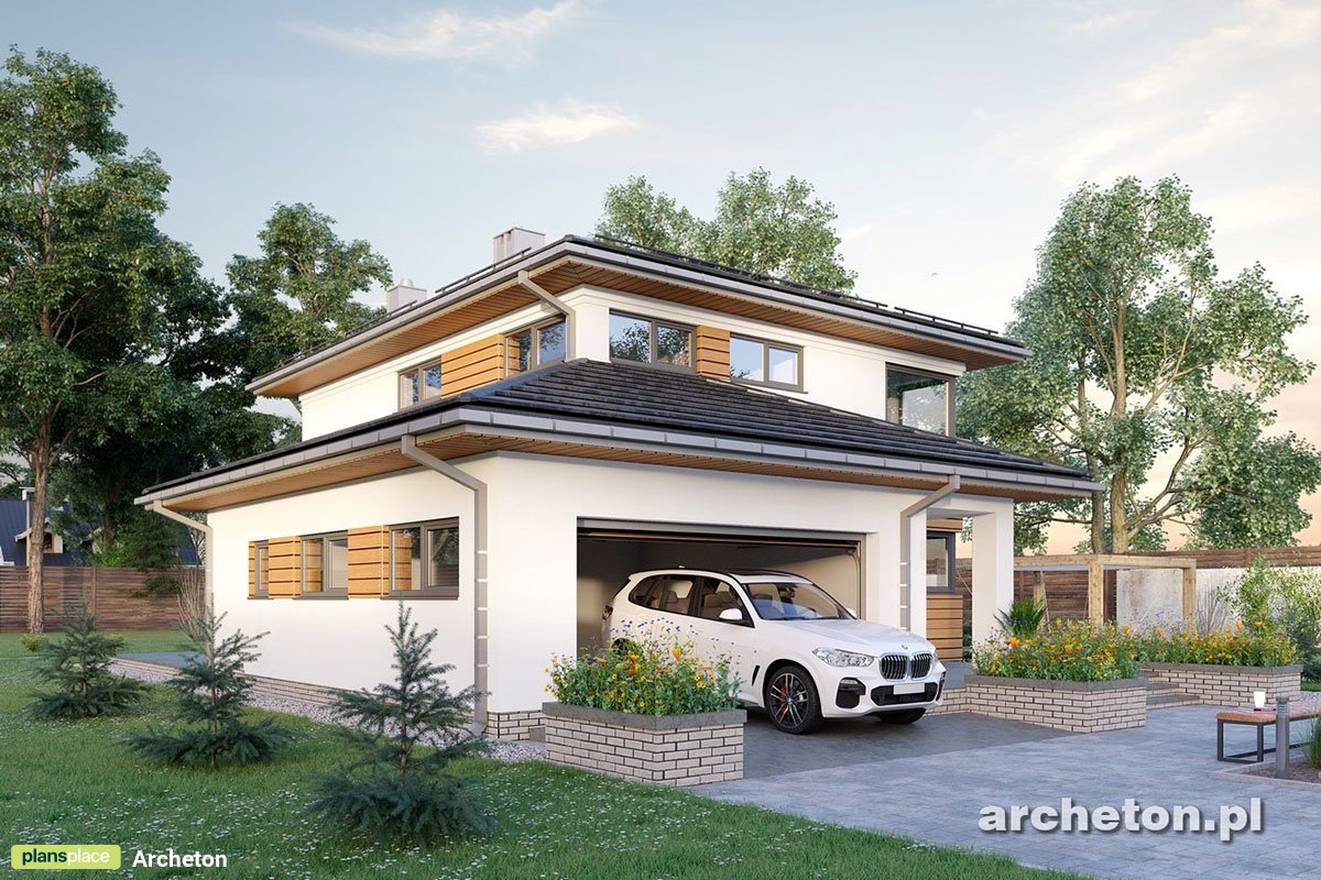 2-Story House Plan with Garage Extension Forward and Hip Roof