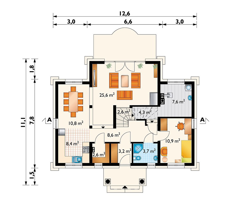 4-Bedroom, 1900 Sq Ft Floor Plan with Corner Fireplace