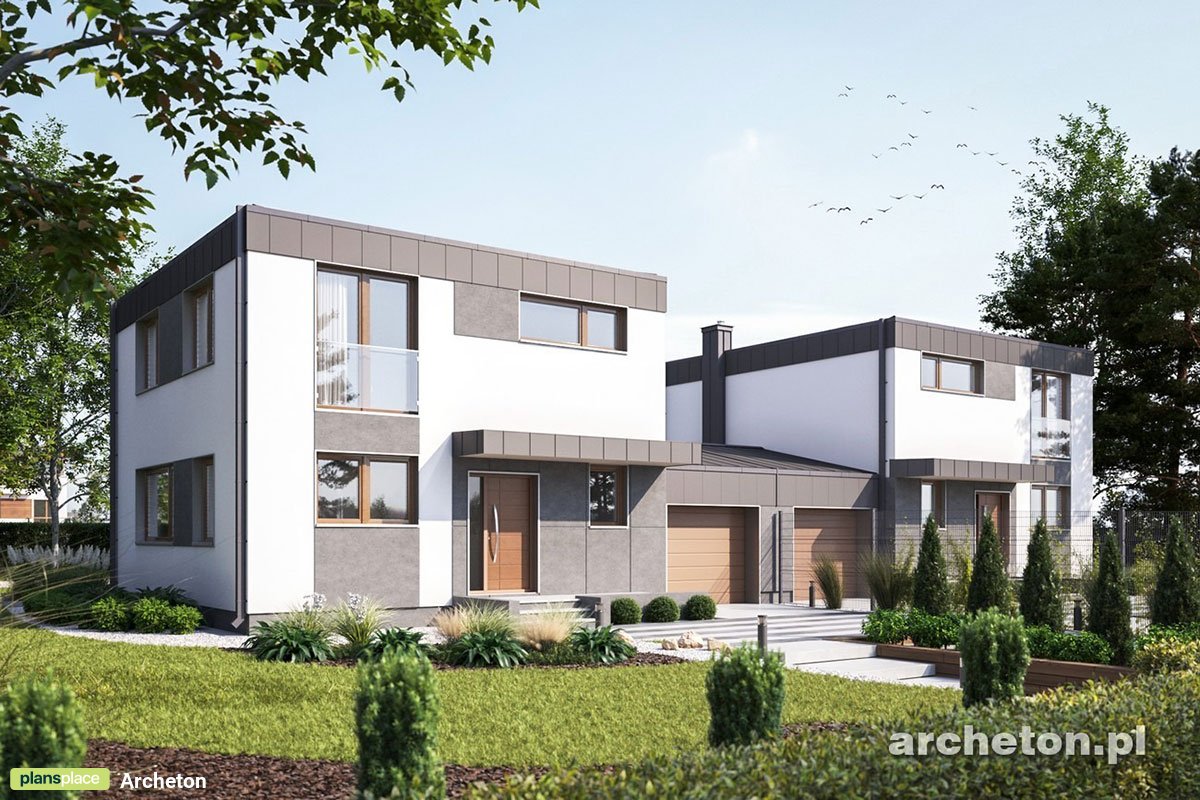 2-Story Duplex Plan with Flat Roof and 1-Car Garage