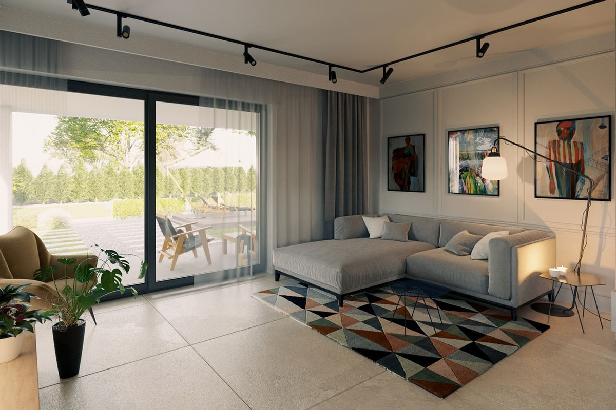 Vienstāva mājas projekts 149 m²: 3 Guļamistabas, Darba istaba, 2 Vannasistabas, Atvērta virtuve, Garāža