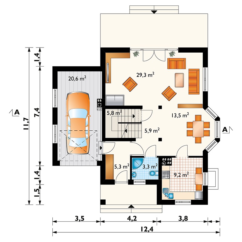 Mājas projekts ar mansardu + pagrabu 255 m²: 4 Guļamistabas, 2 Vannasistabas, Atvērta virtuve, Garāža