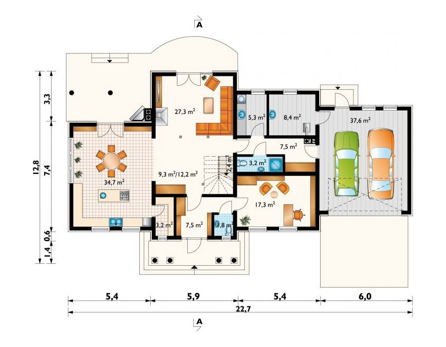 Mājas projekts ar mansardu 261 m²: 3 Guļamistabas, Darba istaba, 3 Vannasistabas, Atvērta virtuve, Garāža