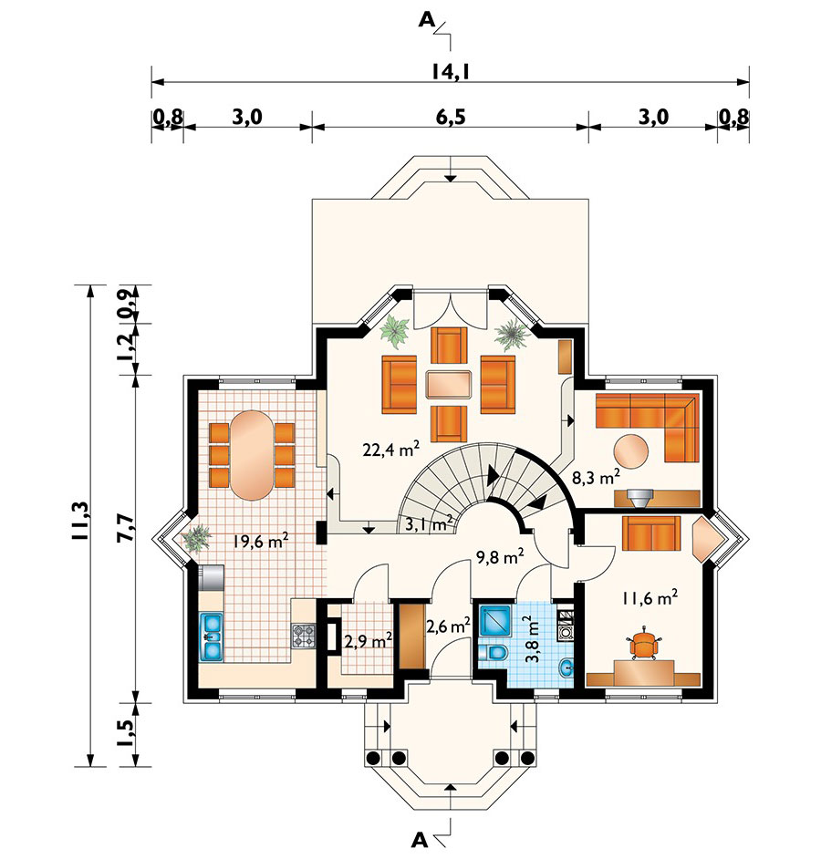 Mājas projekts ar mansardu + pagrabu 215 m²: 3 Guļamistabas, Darba istaba, 3 Vannasistabas, Atvērta virtuve, bez Garāžas