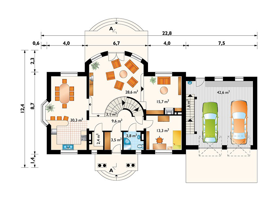 Mājas projekts ar mansardu + pagrabu 411 m²: 4 Guļamistabas, 3 Vannasistabas, Atvērta virtuve, Garāža