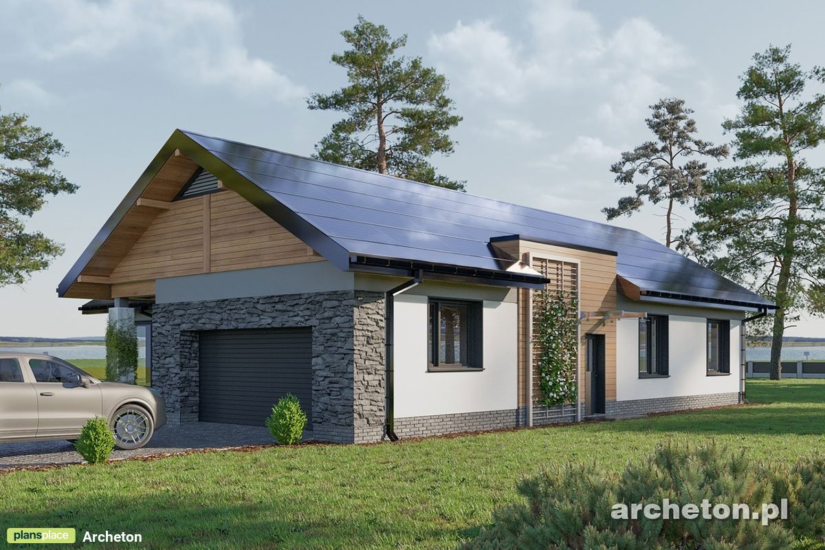 One-story T-Shaped House Plan with 3 Gables and Gable Roof 