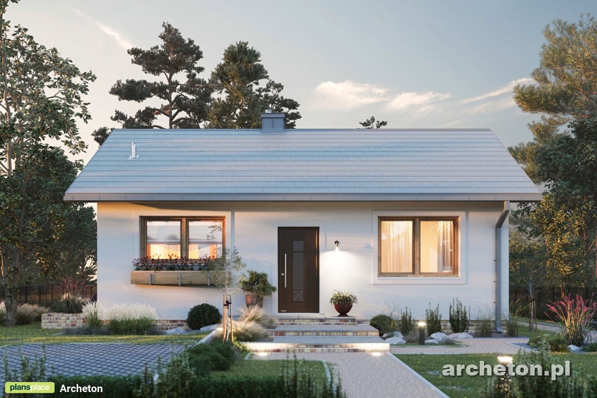 Vienstāva mājas projekts 53 m²: 2 Guļamistabas, 1 Vannasistabas, Atvērta virtuve, bez Garāžas