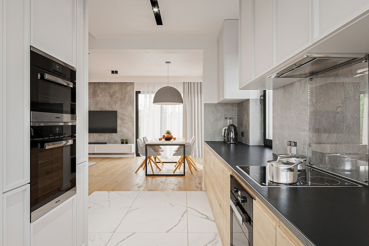 Divstāvu mājas projekts 162 m²: 3 Guļamistabas, Darba istaba, 3 Vannasistabas, Atvērta virtuve, Garāža