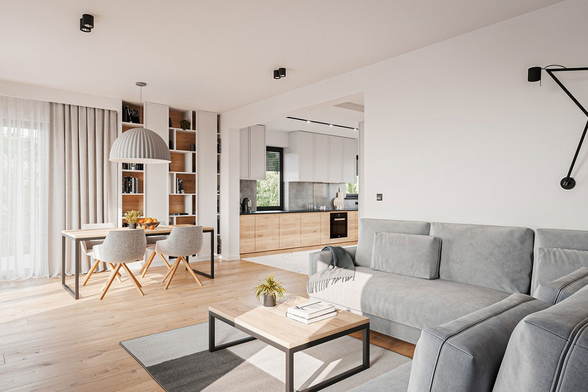 Divstāvu mājas projekts 162 m²: 3 Guļamistabas, Darba istaba, 3 Vannasistabas, Atvērta virtuve, Garāža