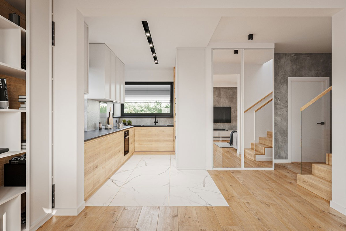Divstāvu mājas projekts 162 m²: 3 Guļamistabas, Darba istaba, 3 Vannasistabas, Atvērta virtuve, Garāža