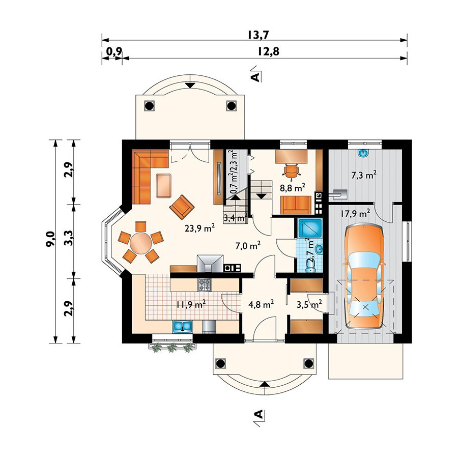 Mājas projekts ar mansardu 191 m²: 5 Guļamistabas, Darba istaba, 2 Vannasistabas, Garāža