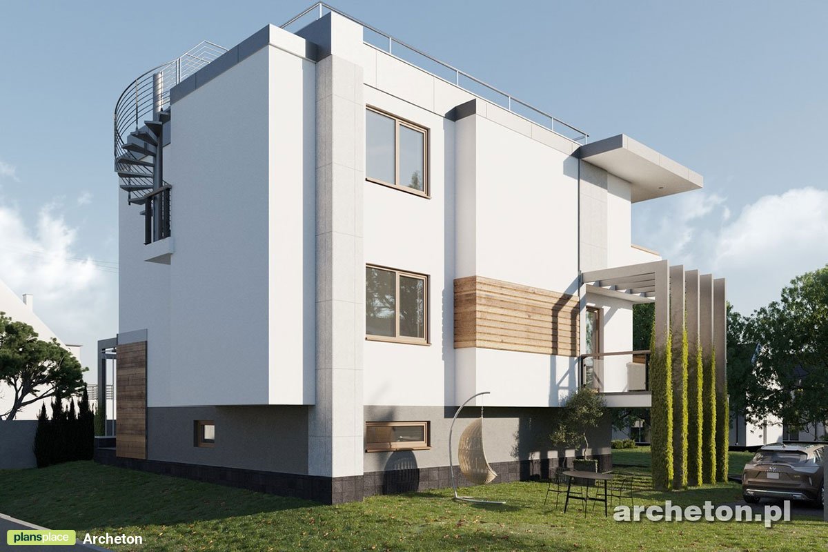 2-Story Flat Roof House Plan with Basement Garage