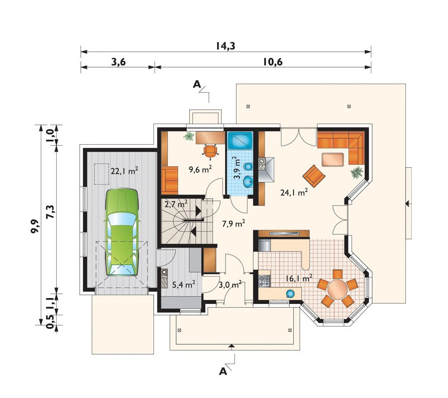 Mājas projekts ar mansardu + pagrabu 262 m²: 3 Guļamistabas, Darba istaba, 2 Vannasistabas, Garāža