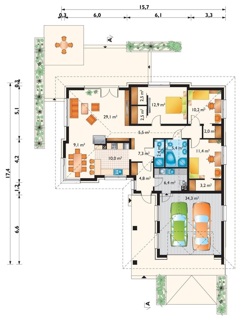 Vienstāva mājas projekts 159 m²: 3 Guļamistabas, 2 Vannasistabas, Garāža