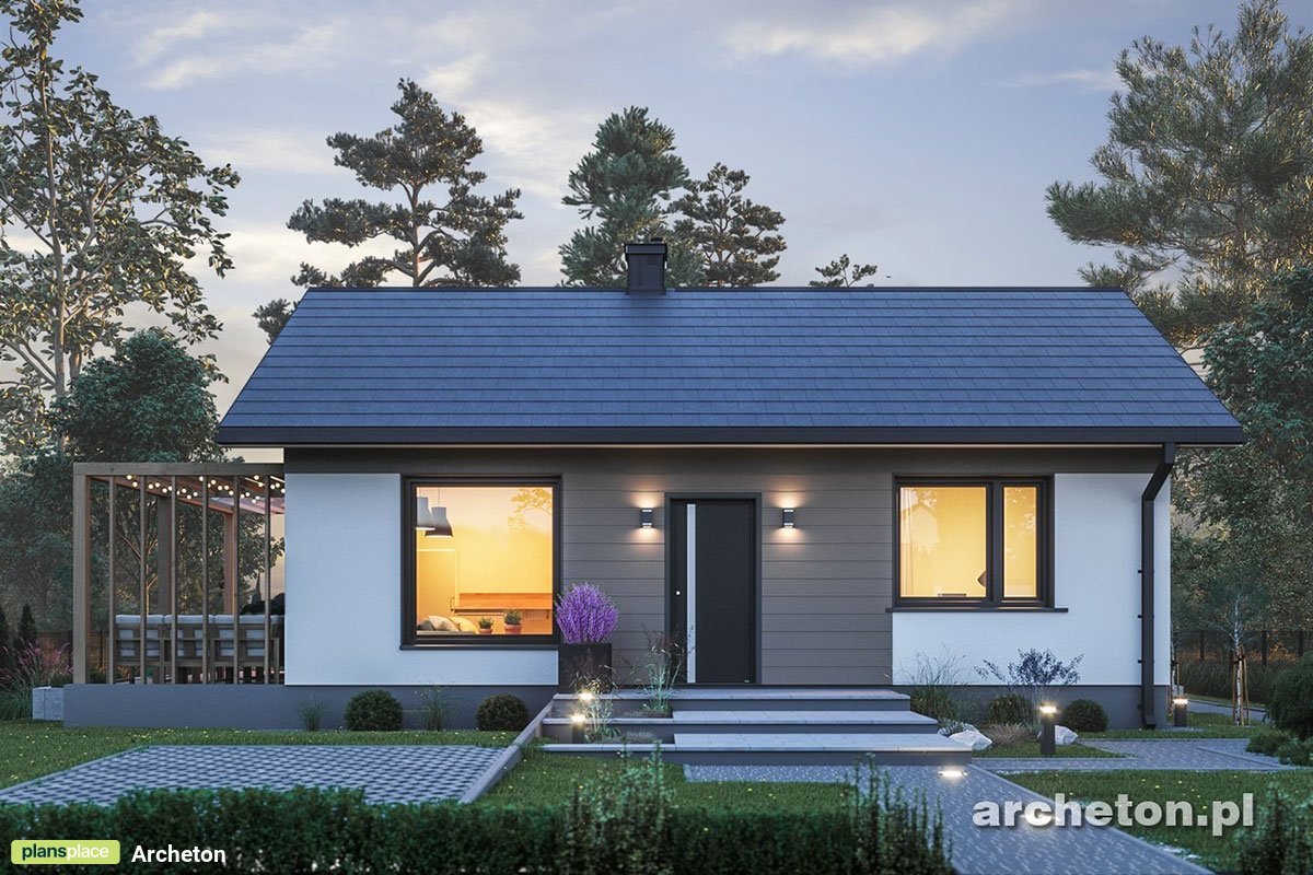 Vienstāva mājas projekts 53 m²: 2 Guļamistabas, 1 Vannasistabas, Atvērta virtuve, bez Garāžas