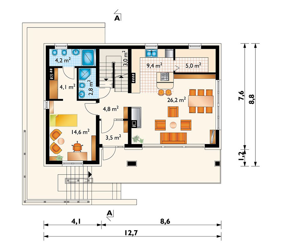 Mājas projekts ar mansardu + pagrabu 251 m²: 4 Guļamistabas, Darba istaba, 3 Vannasistabas, Atvērta virtuve, Garāža