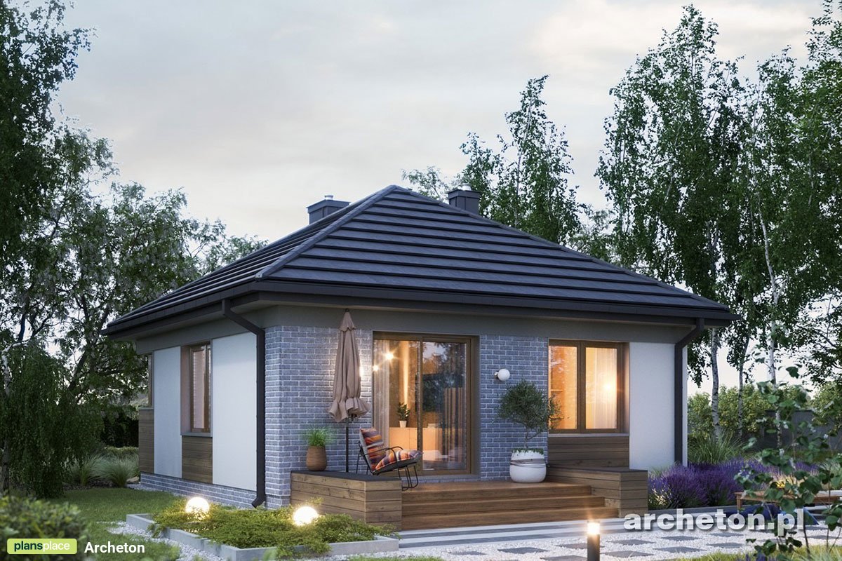 Vienstāva mājas projekts 47 m²: 1 Guļamistabas, 1 Vannasistabas, Atvērta virtuve, bez Garāžas