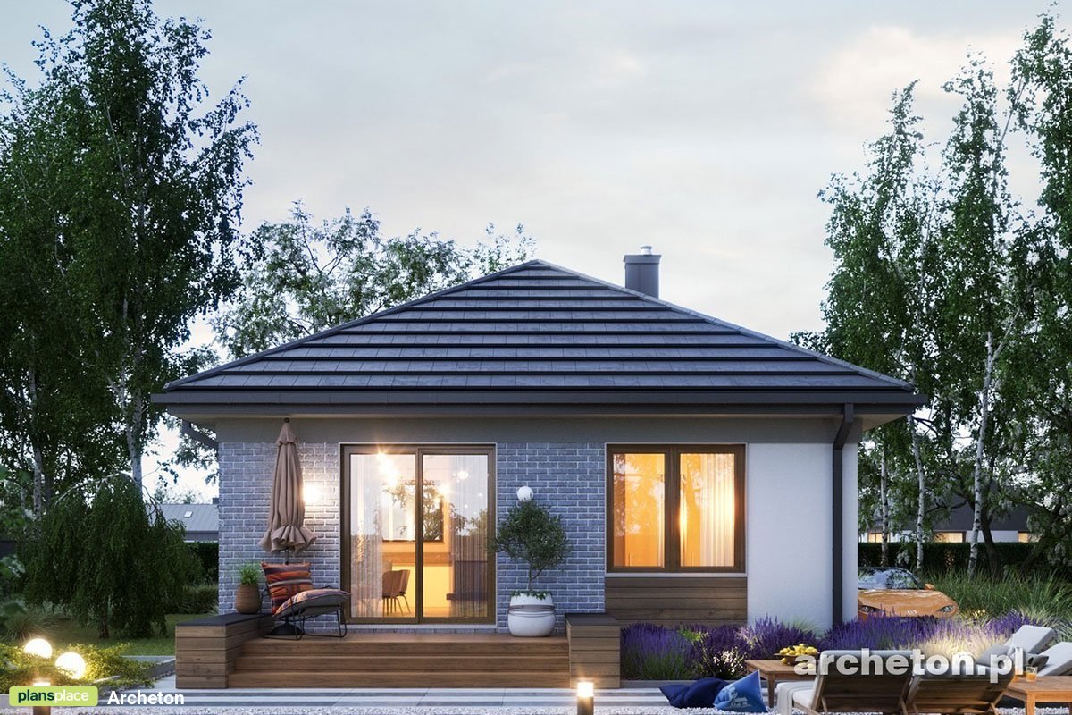 Vienstāva mājas projekts 47 m²: 1 Guļamistabas, 1 Vannasistabas, Atvērta virtuve, bez Garāžas