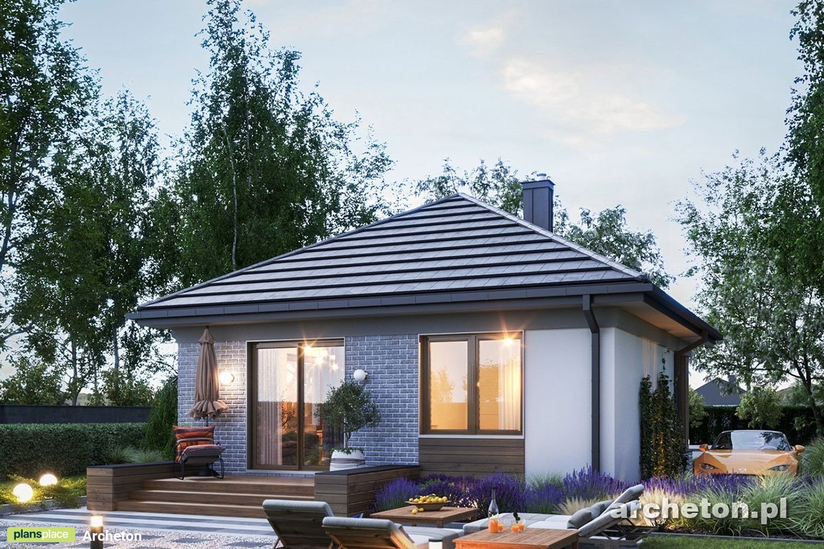 Vienstāva mājas projekts 47 m²: 1 Guļamistabas, 1 Vannasistabas, Atvērta virtuve, bez Garāžas