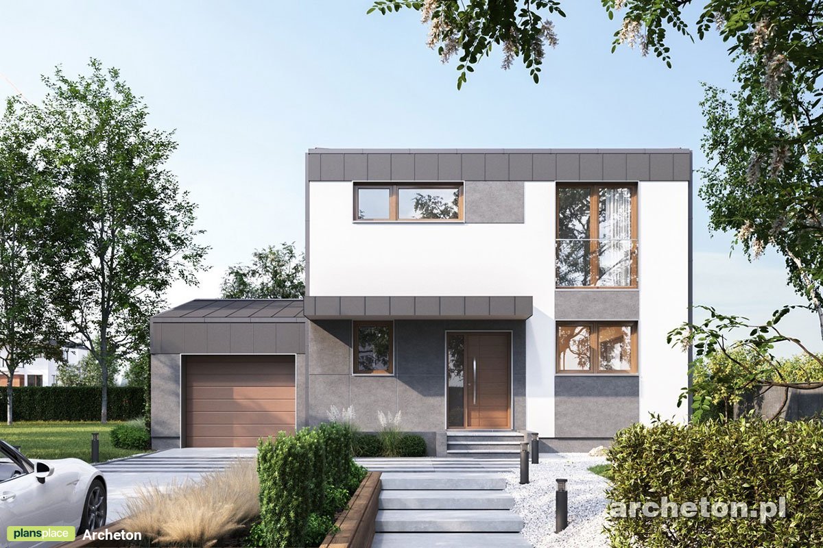 Divstāvu mājas projekts 129 m²: 3 Guļamistabas, Darba istaba, 2 Vannasistabas, Atvērta virtuve, Garāža