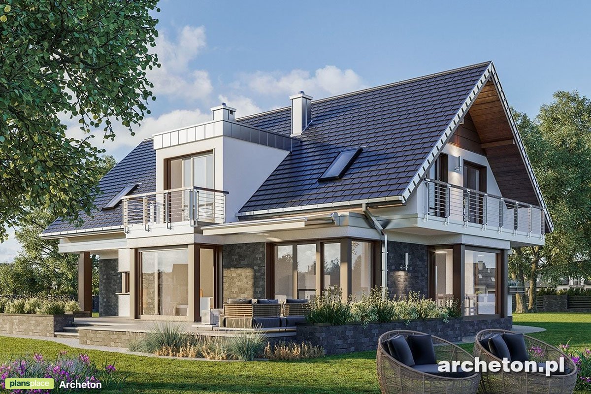 Mājas projekts ar mansardu 250 m²: 5 Guļamistabas, 3 Vannasistabas, Atvērta virtuve, Garāža