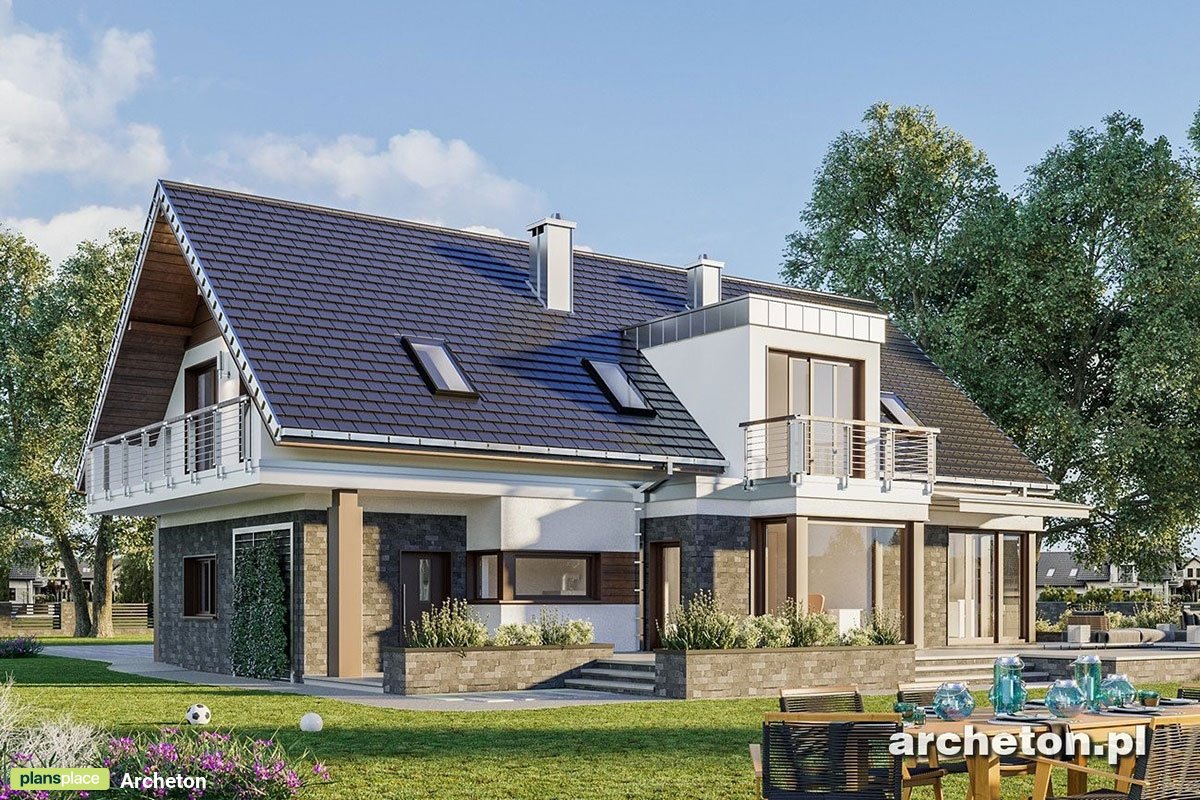 Mājas projekts ar mansardu 250 m²: 5 Guļamistabas, 3 Vannasistabas, Atvērta virtuve, Garāža