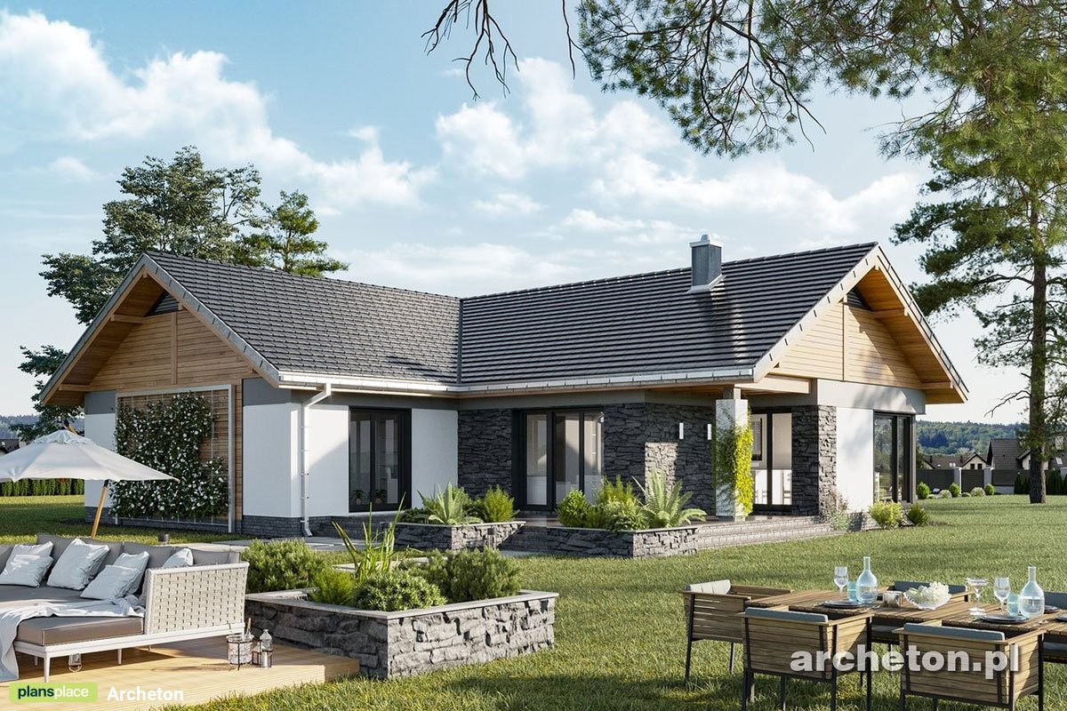 1-Story T-Shaped House Plan with Open Concept Kitchen