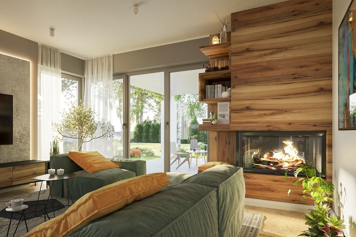 Vienstāva mājas projekts 153 m²: 3 Guļamistabas, Darba istaba, 2 Vannasistabas, Atvērta virtuve, Garāža
