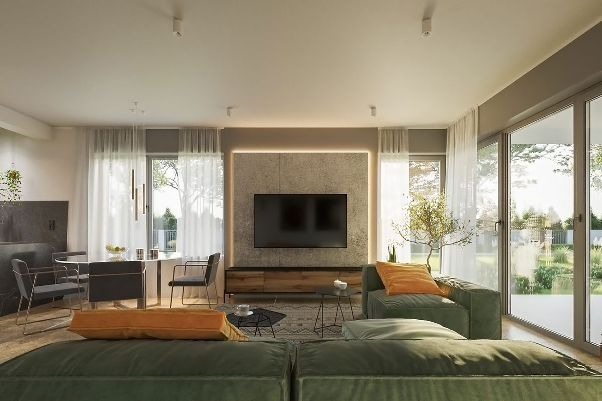 Vienstāva mājas projekts 153 m²: 3 Guļamistabas, Darba istaba, 2 Vannasistabas, Atvērta virtuve, Garāža