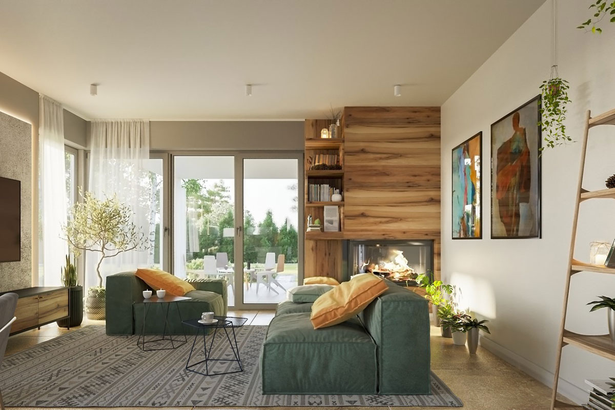 Vienstāva mājas projekts 153 m²: 3 Guļamistabas, Darba istaba, 2 Vannasistabas, Atvērta virtuve, Garāža