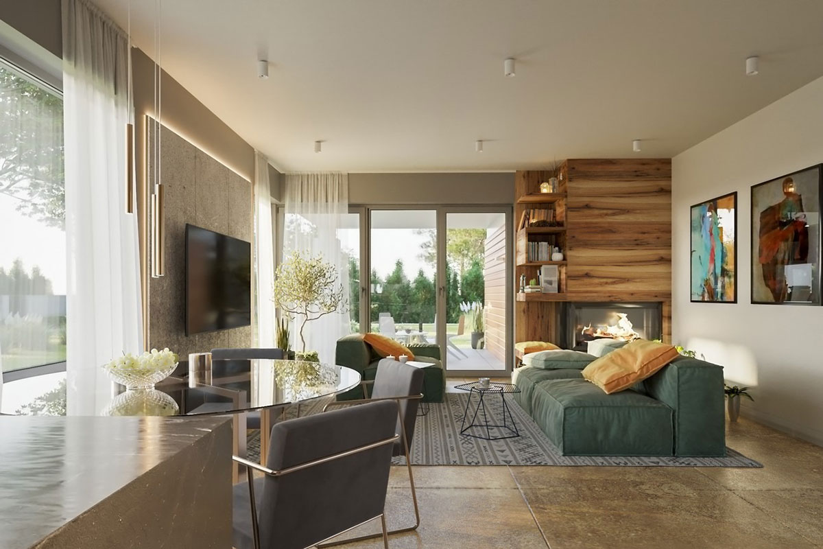 Vienstāva mājas projekts 153 m²: 3 Guļamistabas, Darba istaba, 2 Vannasistabas, Atvērta virtuve, Garāža