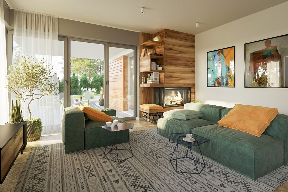 Vienstāva mājas projekts 153 m²: 3 Guļamistabas, Darba istaba, 2 Vannasistabas, Atvērta virtuve, Garāža