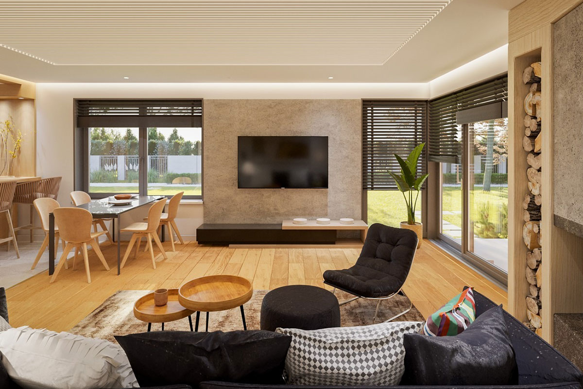 Vienstāva mājas projekts 164 m²: 4 Guļamistabas, 2 Vannasistabas, Atvērta virtuve, Garāža