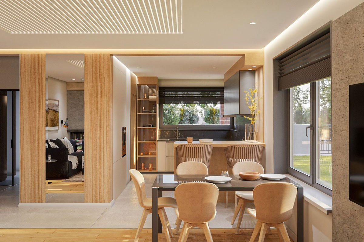Vienstāva mājas projekts 164 m²: 4 Guļamistabas, 2 Vannasistabas, Atvērta virtuve, Garāža