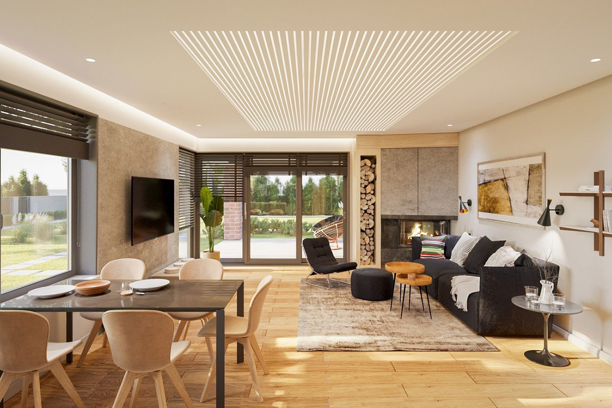 Vienstāva mājas projekts 164 m²: 4 Guļamistabas, 2 Vannasistabas, Atvērta virtuve, Garāža