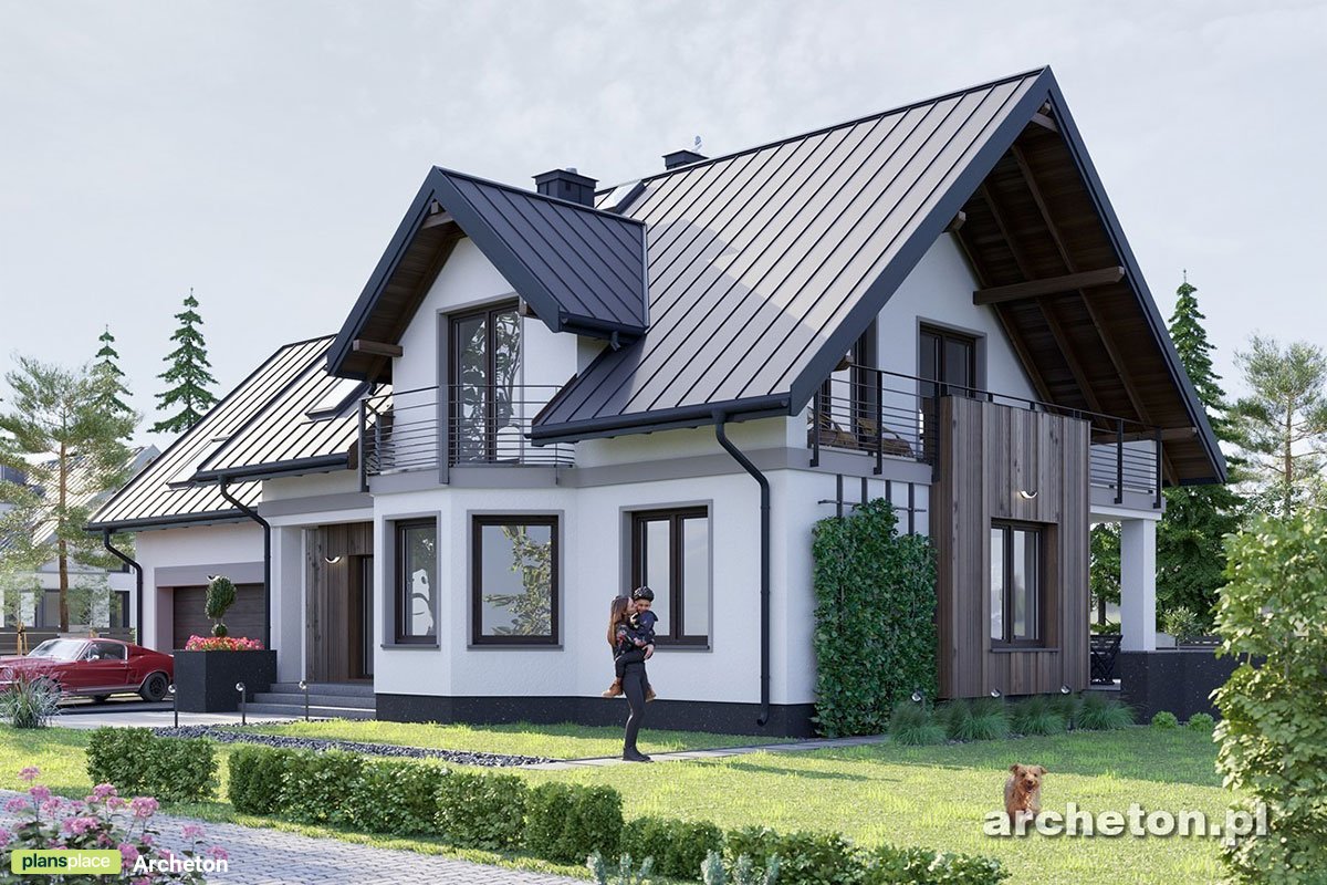 Mājas projekts ar mansardu 236 m²: 4 Guļamistabas, Darba istaba, 3 Vannasistabas, Atvērta virtuve, Garāža