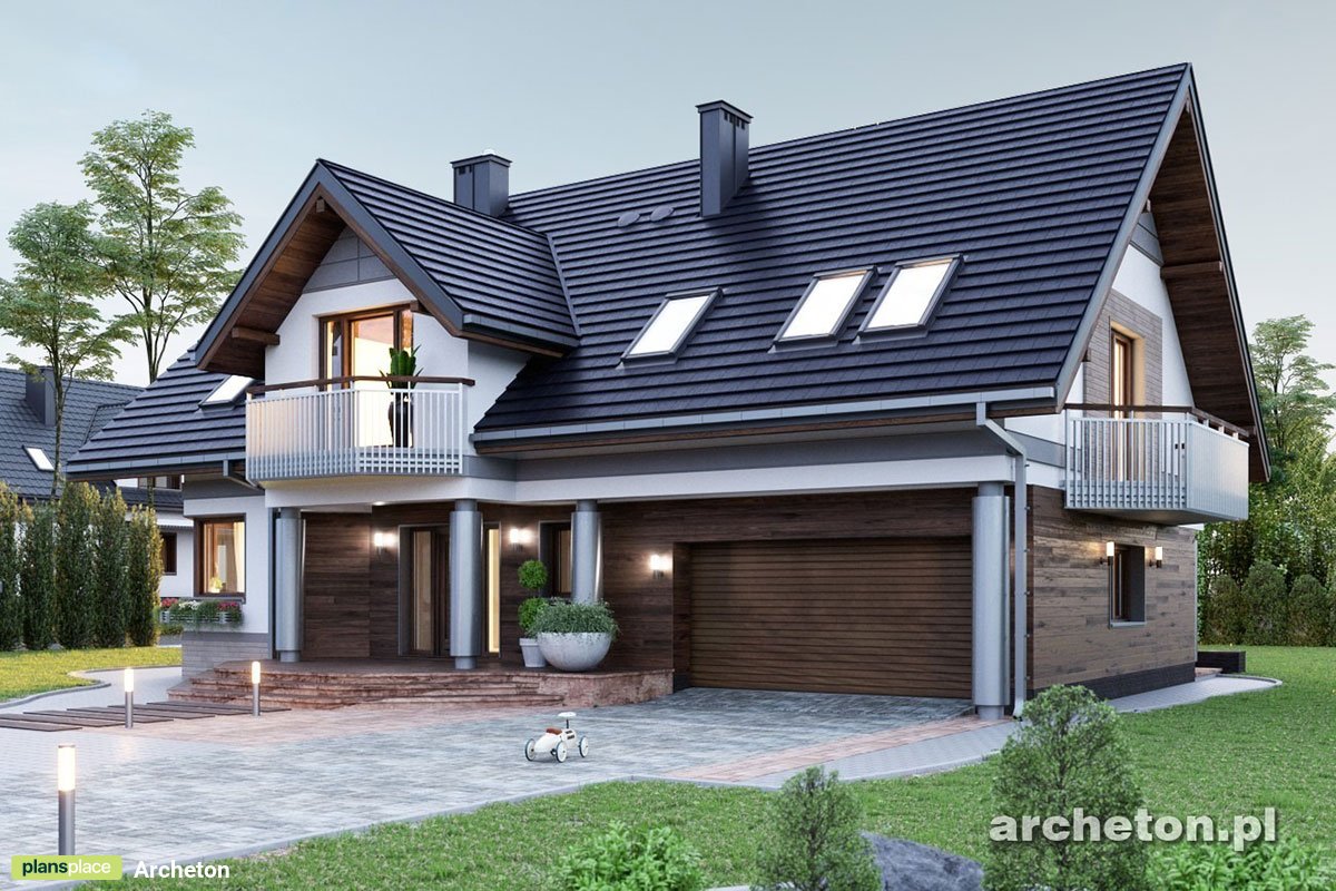 Mājas projekts ar mansardu 252 m²: 4 Guļamistabas, Darba istaba, 3 Vannasistabas, Atvērta virtuve, Garāža