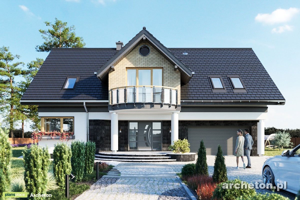 Mājas projekts ar mansardu 222 m²: 4 Guļamistabas, Darba istaba, 3 Vannasistabas, Atvērta virtuve, Garāža