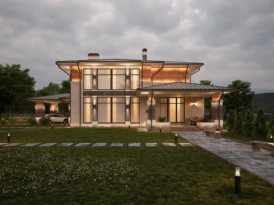 Divstāvu mājas projekts 339 m²: 5 Guļamistabas, Darba istaba, 4 Vannasistabas, Atvērta virtuve, bez Garāžas