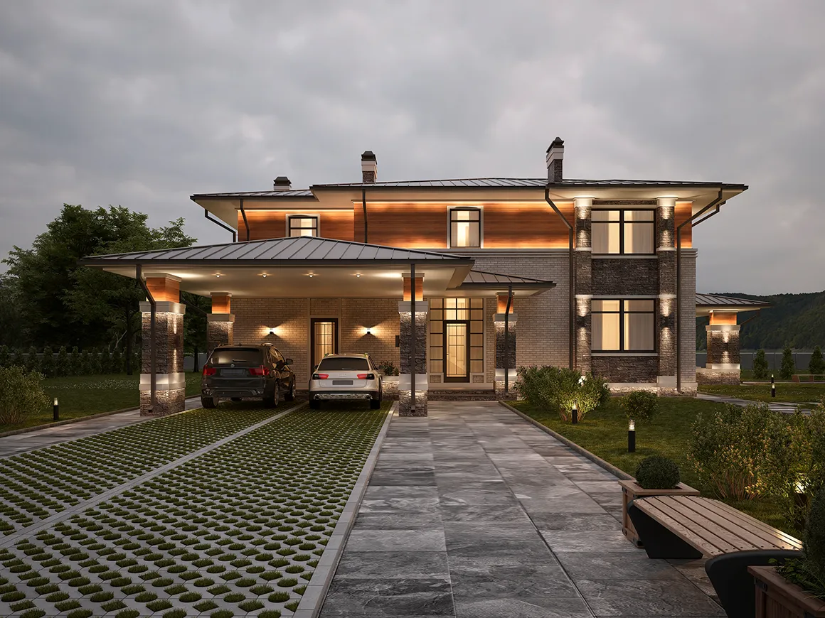 Divstāvu mājas projekts 339 m²: 5 Guļamistabas, Darba istaba, 4 Vannasistabas, Atvērta virtuve, bez Garāžas