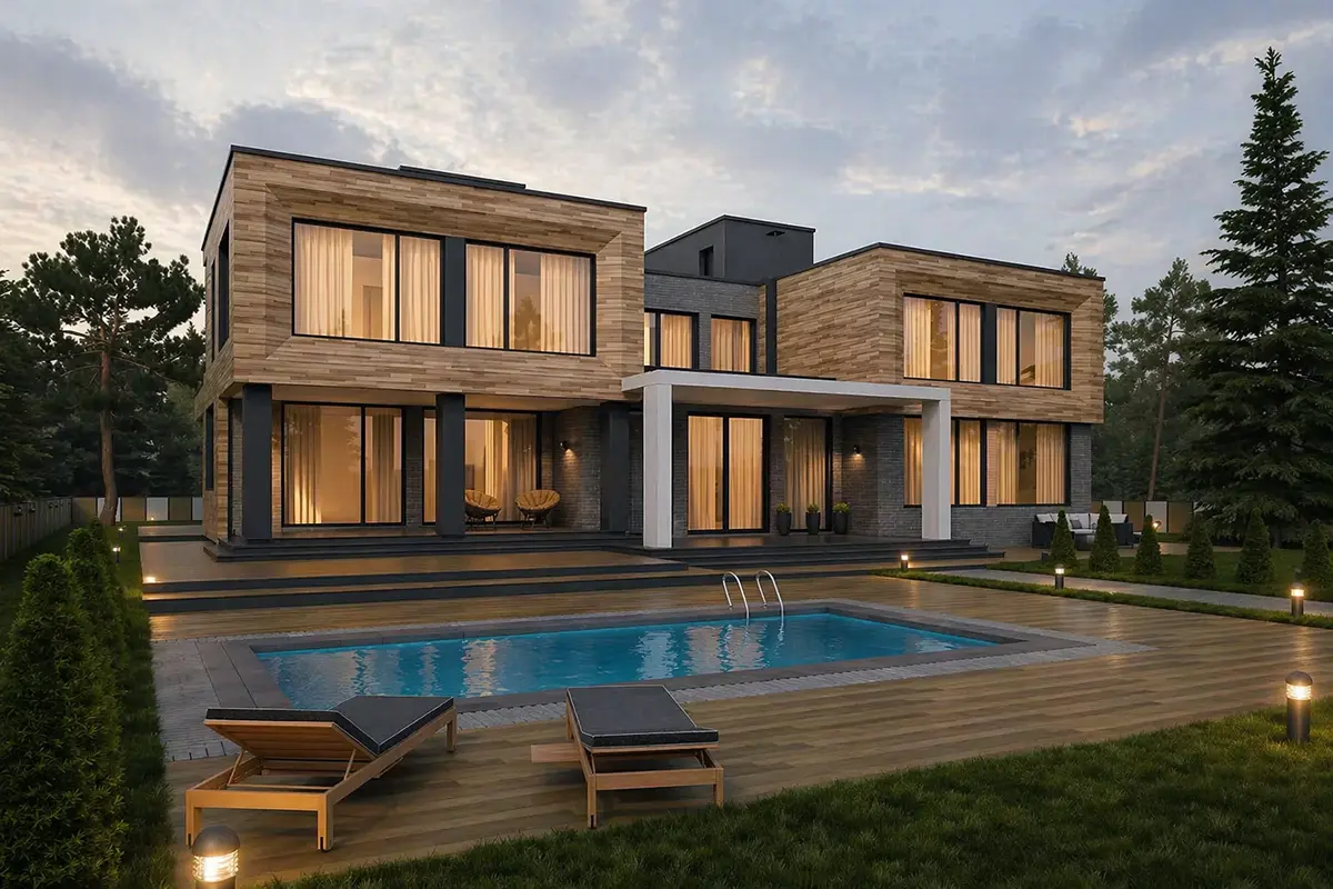 Trīsstāvu mājas projekts 461 m²: 6 Guļamistabas, Darba istaba, 5 Vannasistabas, Atvērta virtuve, bez Garāžas