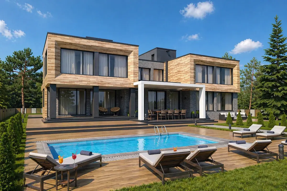 Trīsstāvu mājas projekts 461 m²: 6 Guļamistabas, Darba istaba, 5 Vannasistabas, Atvērta virtuve, bez Garāžas