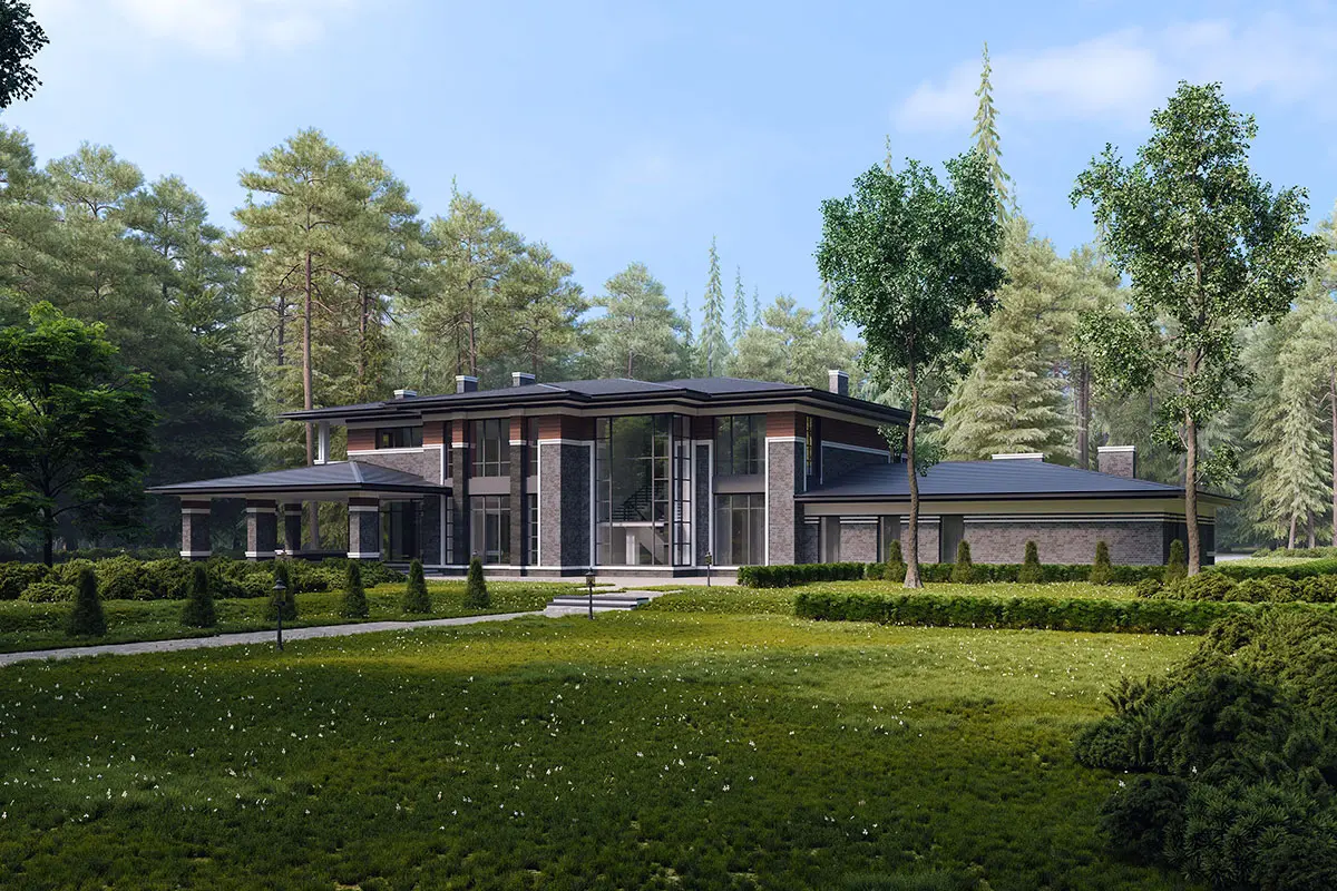 Divstāvu mājas projekts 670 m²: 5 Guļamistabas, Darba istaba, 5 Vannasistabas, Atvērta virtuve, Garāža