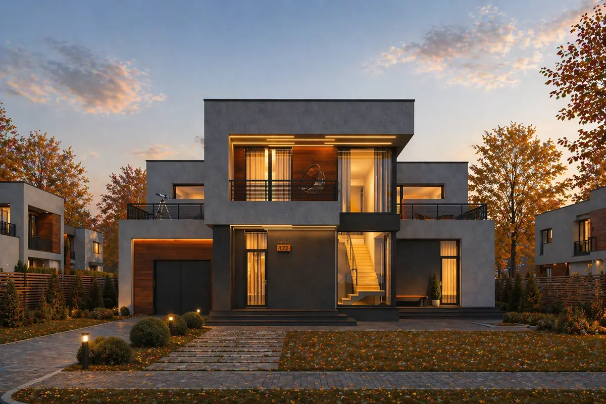 Divstāvu mājas projekts 351 m²: 3 Guļamistabas, Darba istaba, 3 Vannasistabas, Atvērta virtuve, bez Garāžas