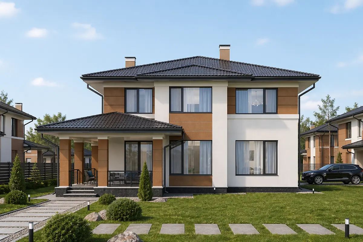 Divstāvu mājas projekts 184 m²: 5 Guļamistabas, 3 Vannasistabas, Atvērta virtuve, bez Garāžas