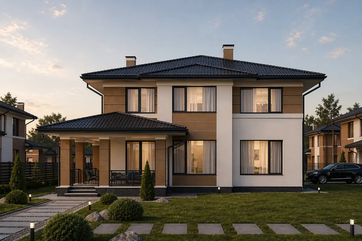 Divstāvu mājas projekts 184 m²: 5 Guļamistabas, 3 Vannasistabas, Atvērta virtuve, bez Garāžas