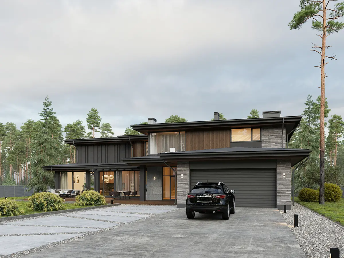 Divstāvu mājas projekts 423 m²: 4 Guļamistabas, Darba istaba, 4 Vannasistabas, Atvērta virtuve, Garāža