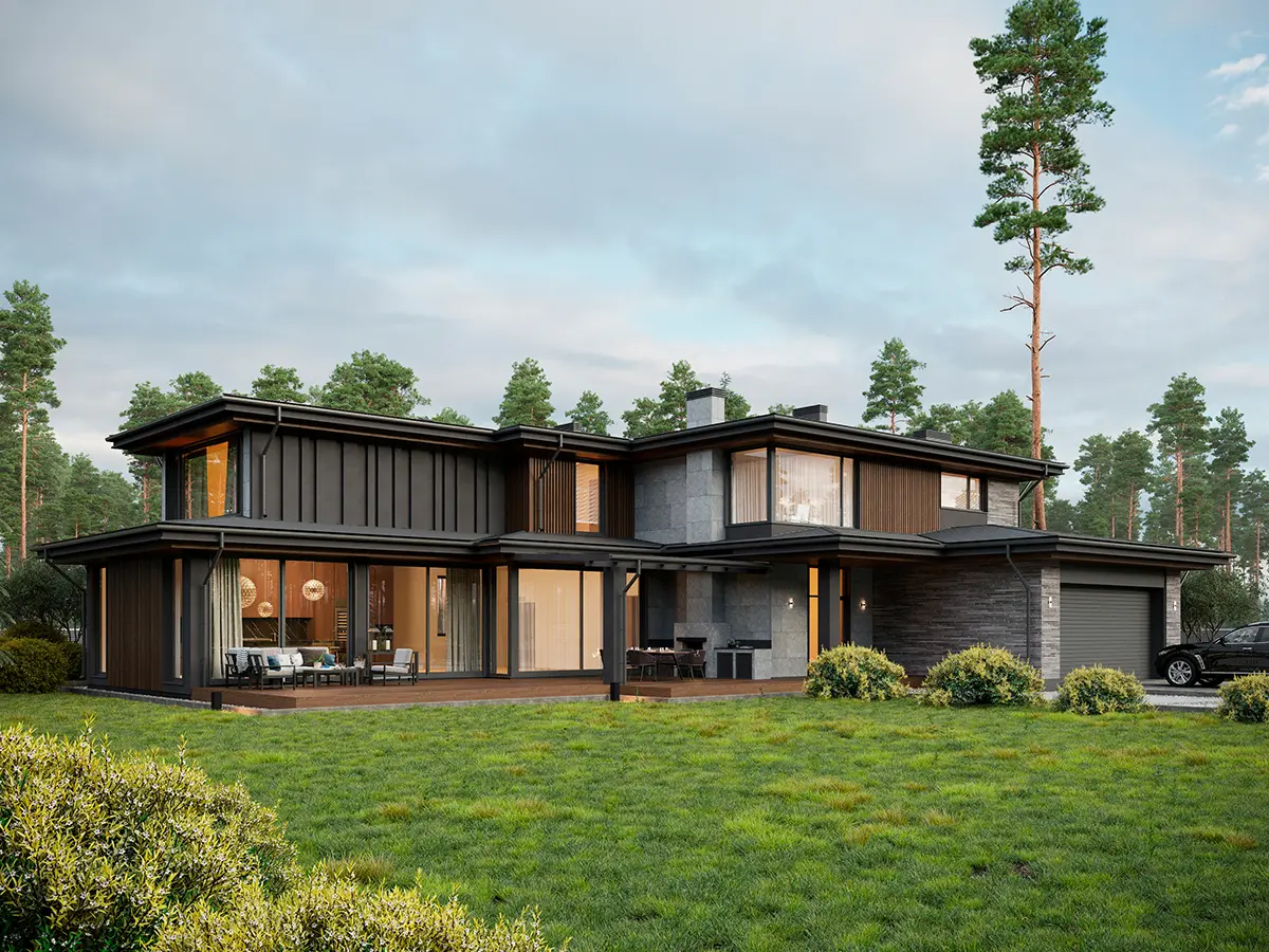 Divstāvu mājas projekts 423 m²: 4 Guļamistabas, Darba istaba, 4 Vannasistabas, Atvērta virtuve, Garāža