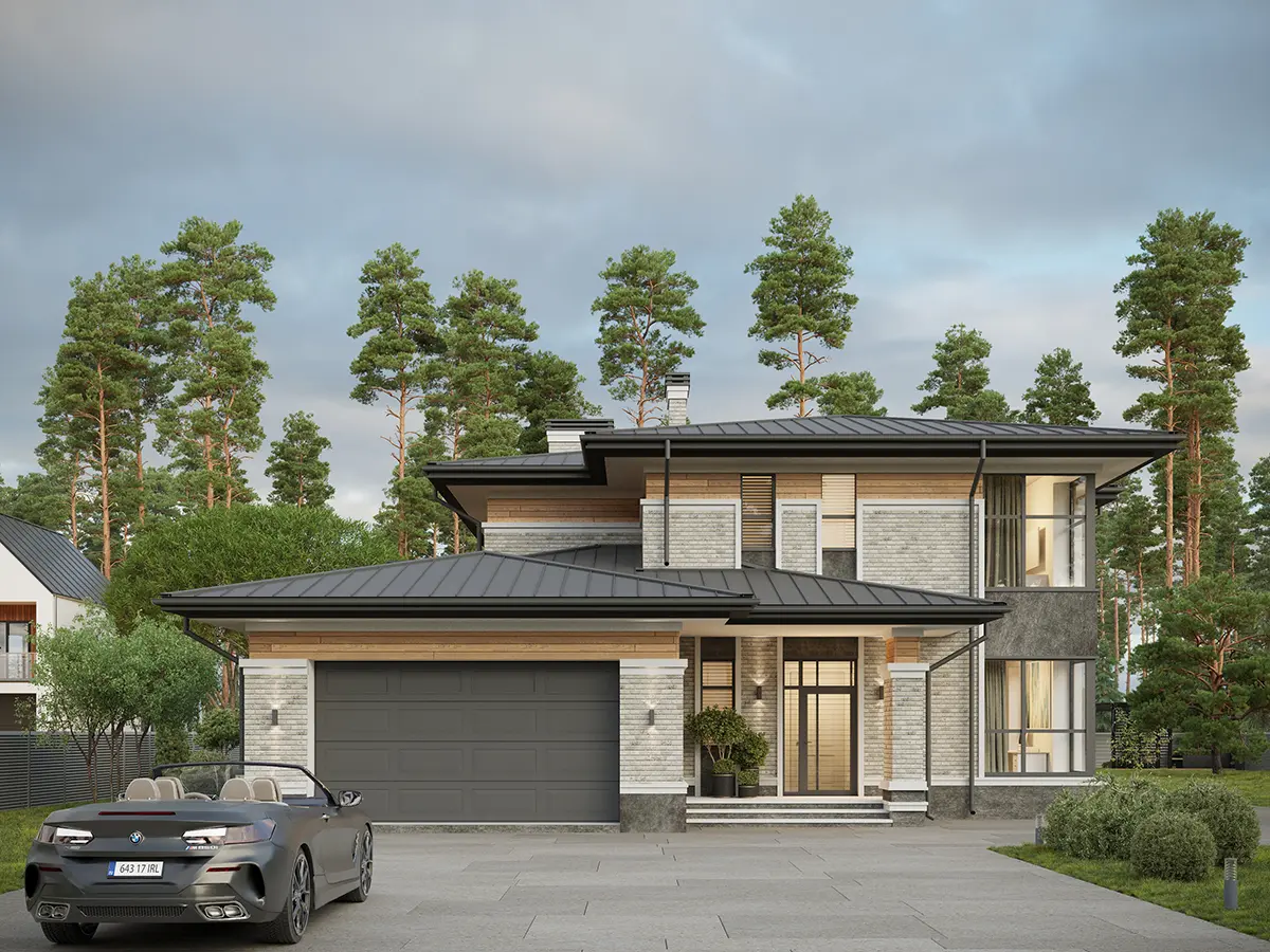 Divstāvu mājas projekts 241 m²: 3 Guļamistabas, 3 Vannasistabas, Atvērta virtuve, Garāža