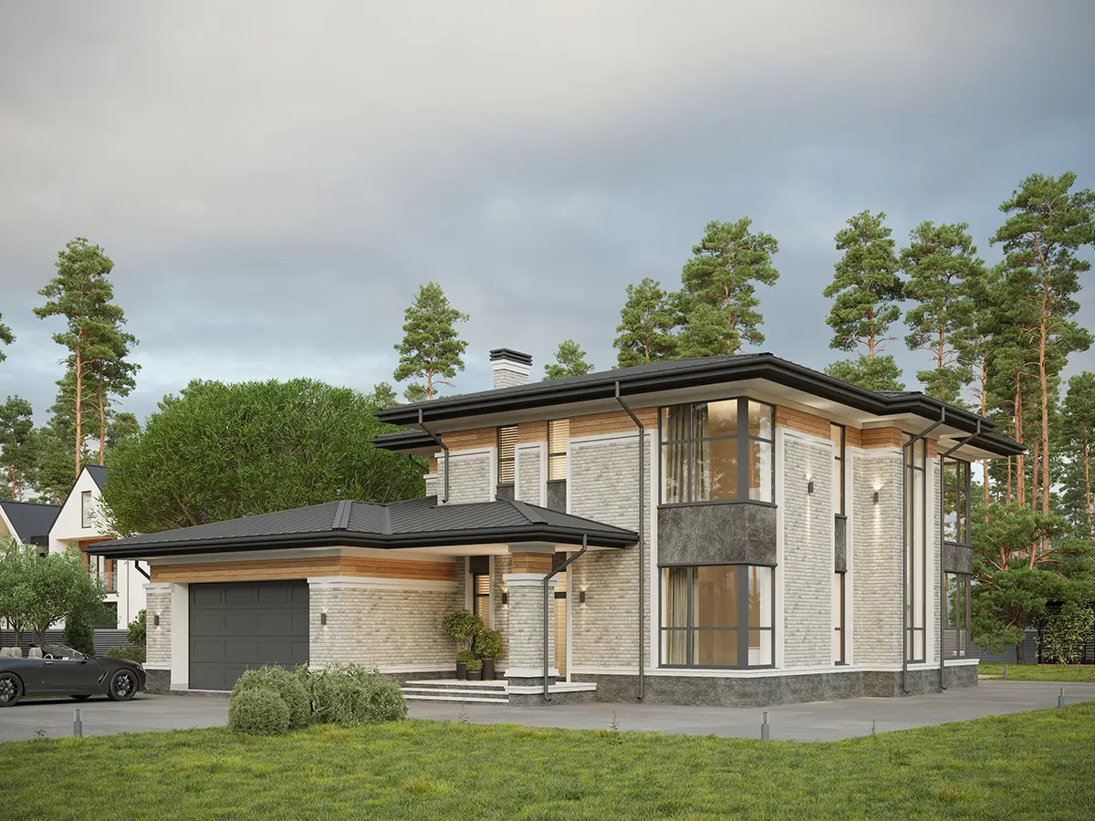 Divstāvu mājas projekts 241 m²: 3 Guļamistabas, 3 Vannasistabas, Atvērta virtuve, Garāža