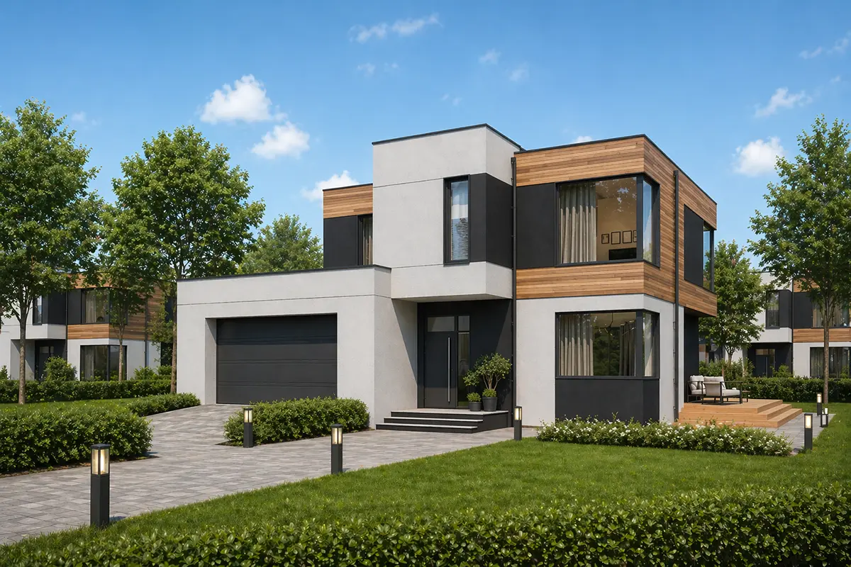 Divstāvu mājas projekts 211 m²: 4 Guļamistabas, Darba istaba, 4 Vannasistabas, Atvērta virtuve, Garāža